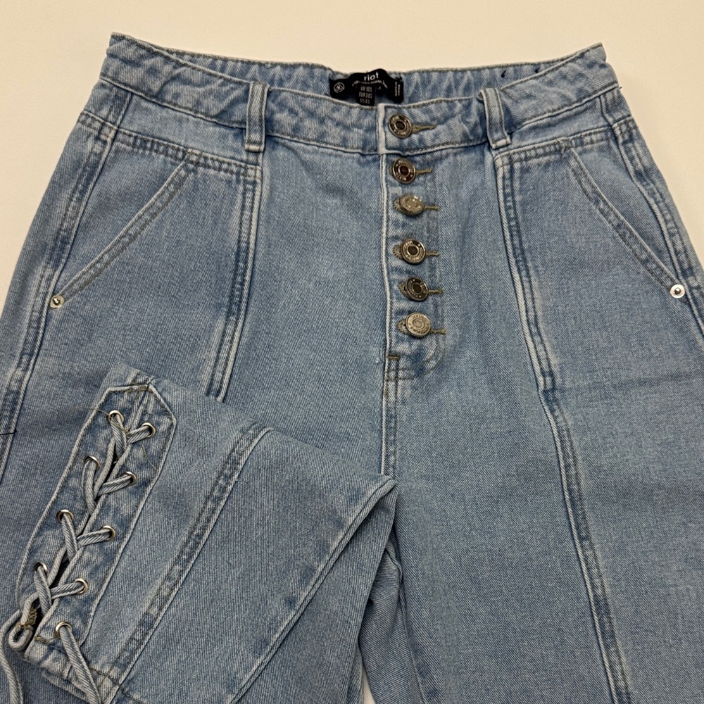 Missguided Light Blue Flare Jeans with Lace-Up Detail
